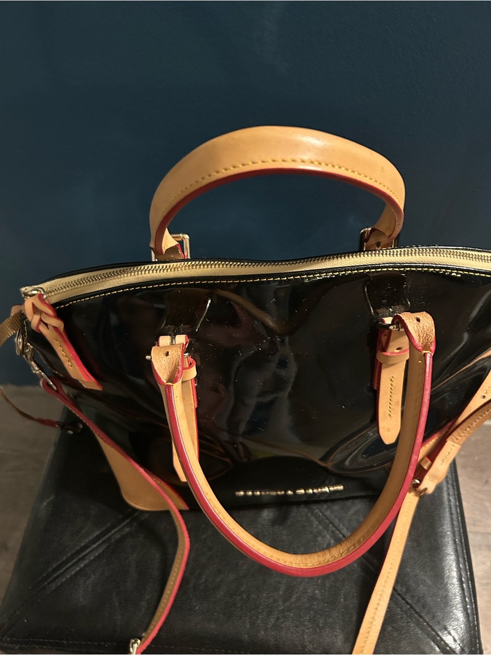 Dooney Bourke Black Patent and Tan Leather Satchel Shoulder Bag